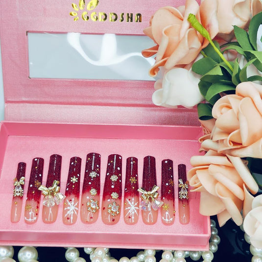 GGddsha Long Handmade PMMA Acrylic Nails Red WithSnowflake Rhinestone Bell Design Reusable Full CoverageFalse Nail Ladies False Nail Set,Lumiere Neige